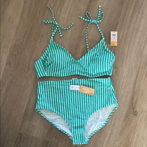 Kona Sol Green and White Striped Swimwear